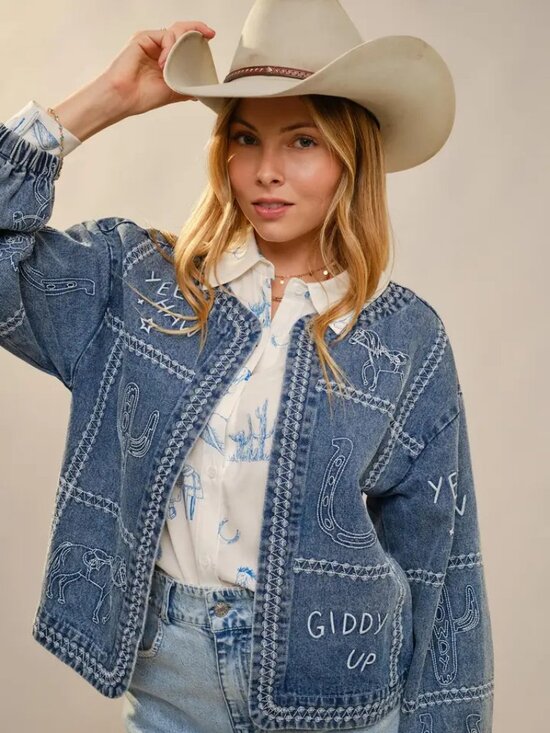 blue b Jackets & Blazers - Western Embroidery Puff Sleeve Denim Jacket NEW